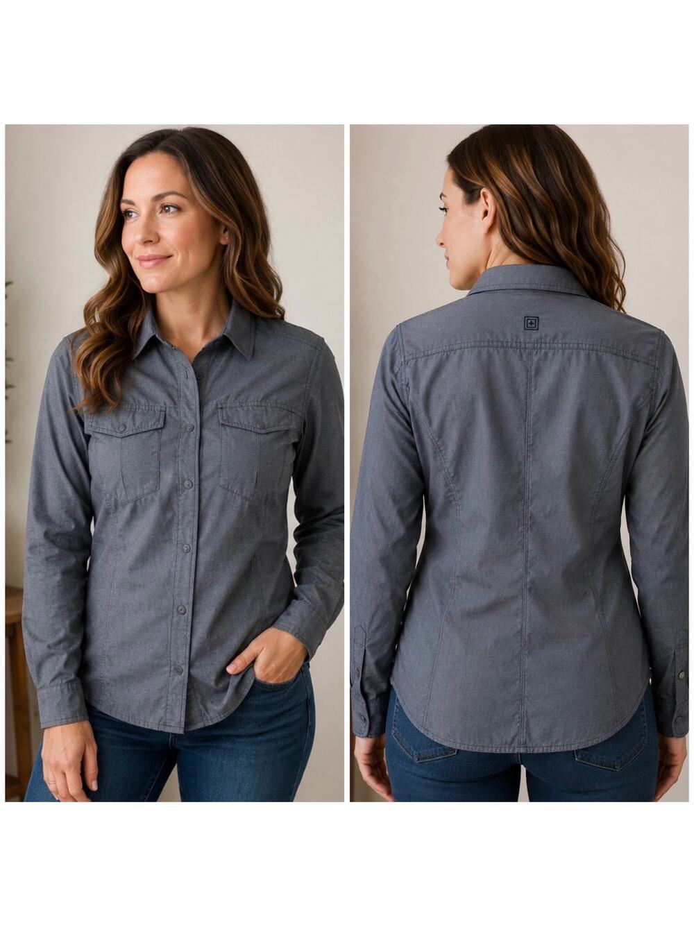 5.11 Tactical Athena Top Womens Medium Gray Long Sleeve Snap Button Workwear